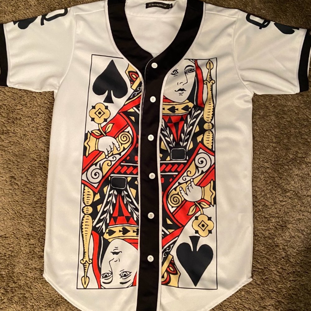 Poker Card Queen of Spade's Button Front V-Neck Short Sleeve Baseball Tee